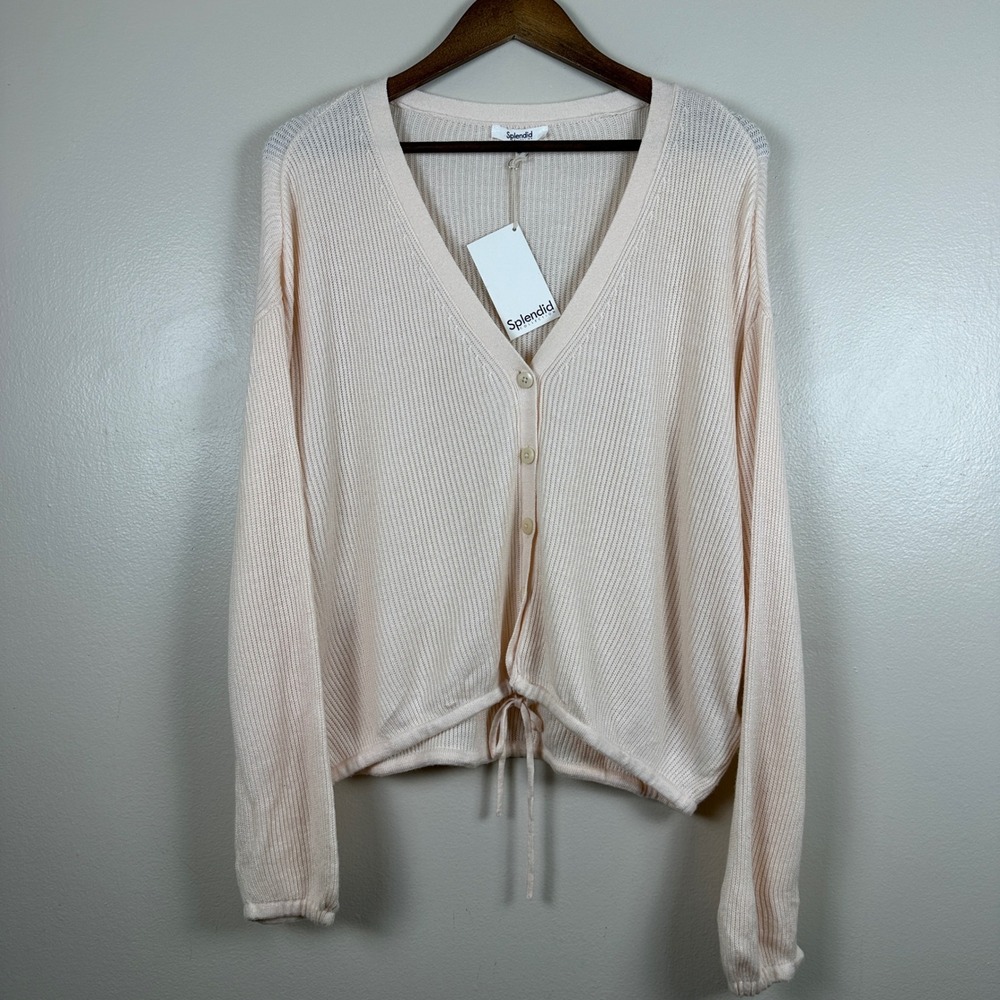 Splendid Women's XL Cardigan Pink Ribbed Cashmere Blend Quiet Luxury‎ NEW